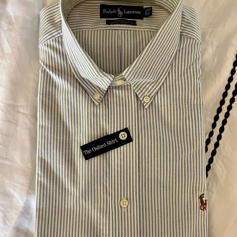 Ralph Lauren Button-Down Oxford Shirt in White & Light Blue Stripes 17-35